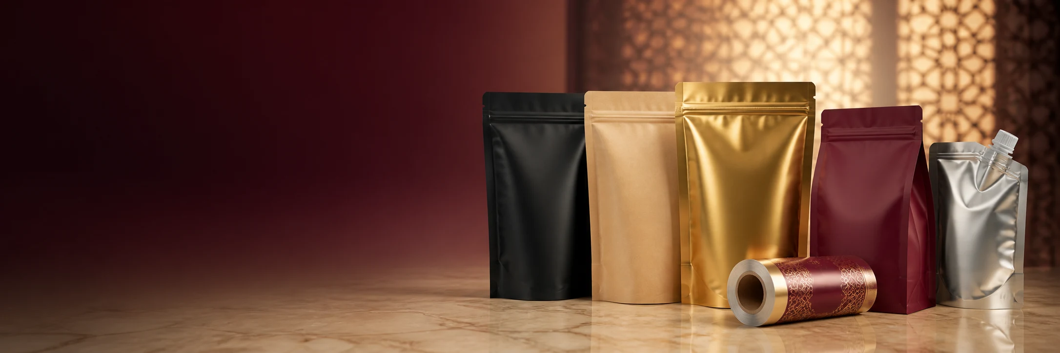 Premium black, kraft, gold, burgundy and silver flexible pouches arranged in a warm studio