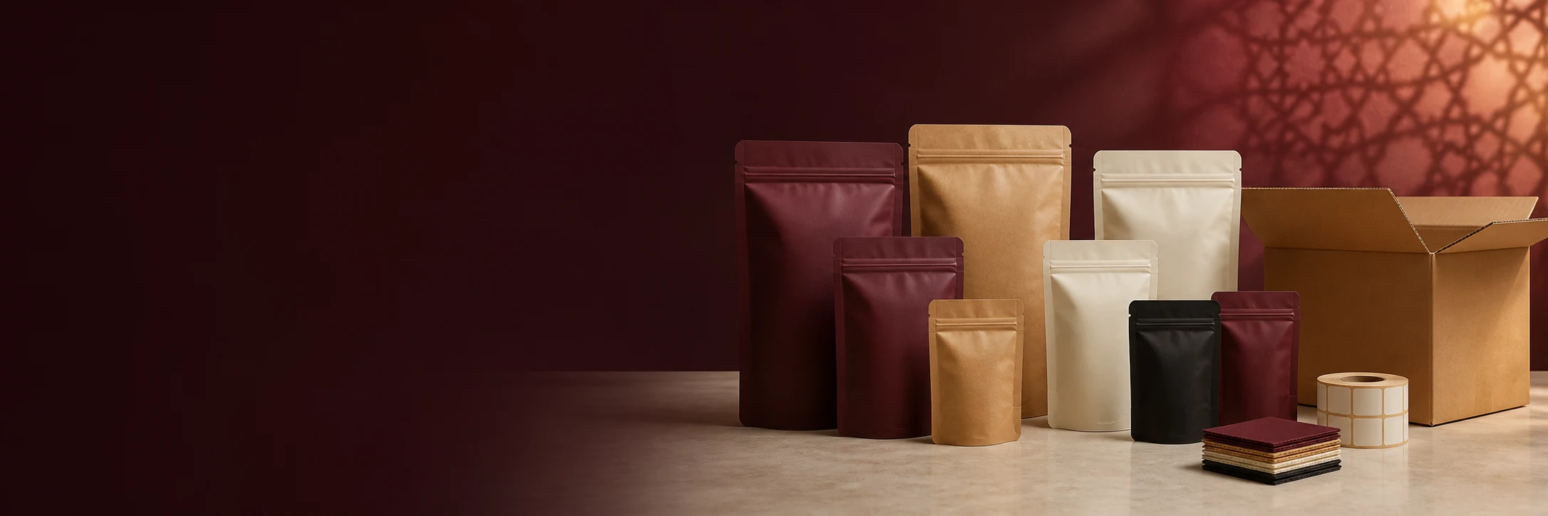 Ready-stock zipper pouches, a dispatch carton, labels and material swatches in a warm studio